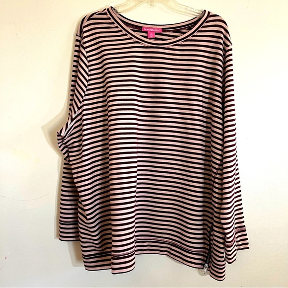 Woman Within Tops - Woman Within Shirt Burgundy and Pink Striped Sweatshirt Side Zipper 2X